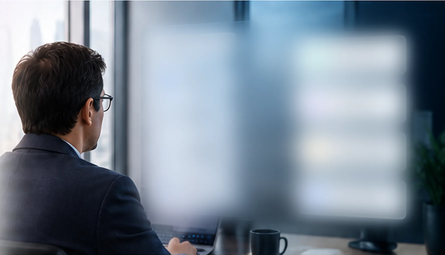 Consultant at his desk reviewing an AI agent workflow, city skyline in the background